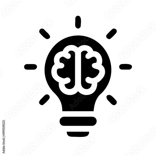A black and white vector graphic of a lightbulb with a brain inside, symbolizing a great idea