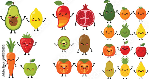 Cute Kawaii Fruit and Vegetable Characters Vector Set Featuring Happy Avocado Mango Pomegranate Strawberry Pineapple Apple Kiwi Lemon and Carrot Icons for Kids Design