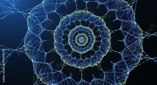 Complex geometric pattern of interconnected digital nodes forming a circular structure with circular