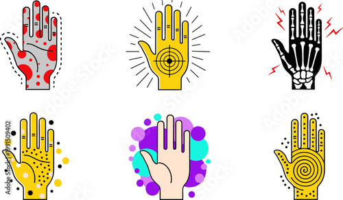 Hand Palmistry and Acupressure Icon Set with Skeleton X-Ray Spiral and Energy Symbols for Health and Spiritual Designs
