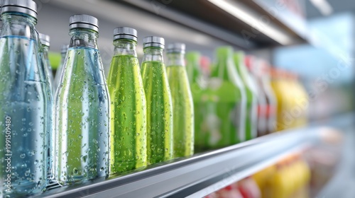 Various chilled bottled beverages, including water and green soda, standing on a shelf inside a refrigerated display with water droplets