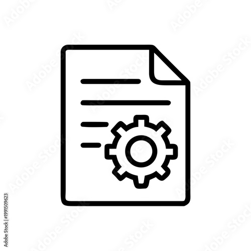 A minimalist vector icon of a document with a gear symbol representing settings or configuration.