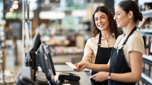 Happy retail workers providing excellent customer service, processing a card payment at a modern point of sale system