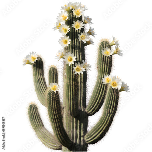 Giant Flowering Saguaro Cactus with White Blooms Isolated on Transparent White Background