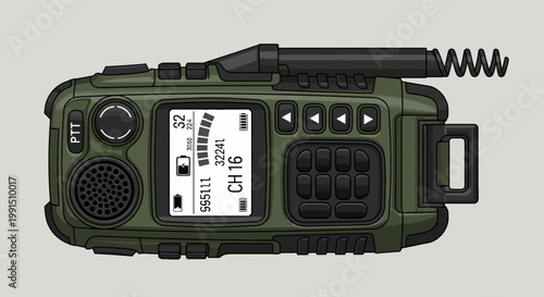 Green two-way radio with antenna illustration featuring detailed speaker grill screen display and button interface in cartoon style