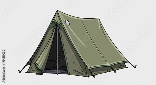 Illustration of a classic canvas camping tent with olive green fabric dark trim and simple pole construction for outdoor adventures