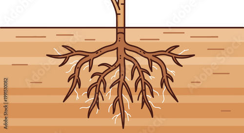 Illustration of tree root system growing underground in layers of soil brown earthy tones detailed root hairs for absorbing water