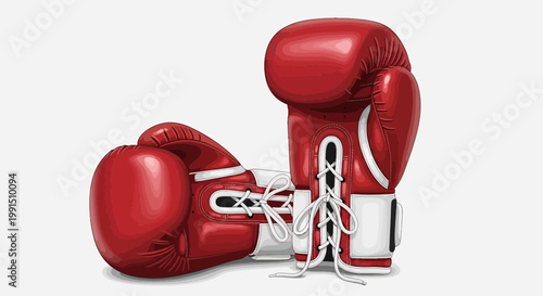 Illustration of two red boxing gloves with white laces professional sports equipment for combat and fighting vector style