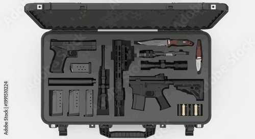 Open black tactical case featuring pistol rifle magazines knife suppressor and ammo presented in a detailed vector illustration