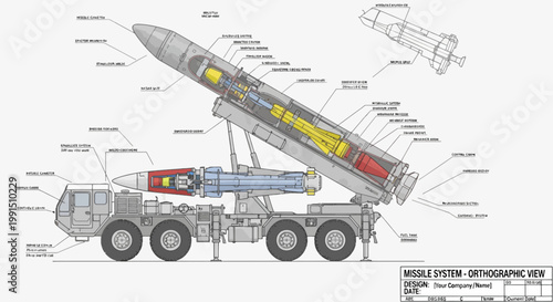 Missile system orthographic view blueprint with cross-section diagrams showing engineering design of vehicle launch platform and rocket technology