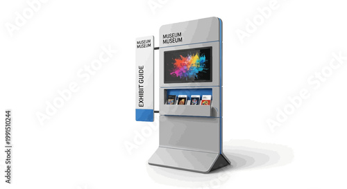 Museum exhibit information kiosk with digital display and brochure holder for visitor guidance and interactive learning in a modern design