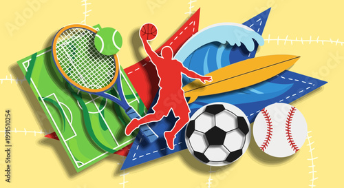Multilayered sports emblem featuring basketball baseball tennis soccer surfing and football in a dynamic composition; layered design