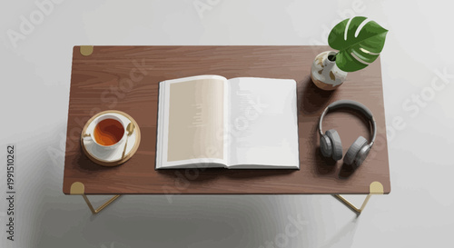 Open book with tea cup plant and headphones on wooden desk in cozy room; minimalist vector illustration in pastel colors creating a peaceful atmosphere