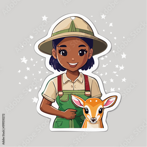 Cartoon girl in safari hat with fawn