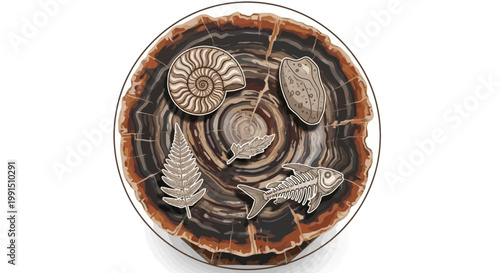 Petrified wood slice displaying fossil remains of prehistoric creatures and plants in a detailed illustration style