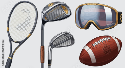Sports equipment illustration: tennis racket golf clubs ski goggles and football in detailed vector artwork style