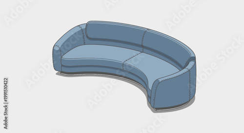 Stylish curved blue sofa illustration; modern design comfortable seating living room furniture curved silhouette and detailed stitch work