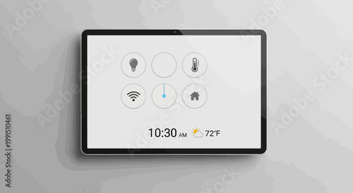 Tablet showing smart home control panel interface displaying temperature time wifi and other device icons on topo pattern background