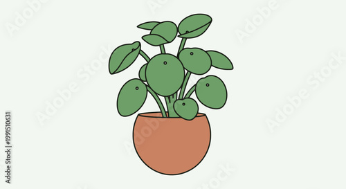 Cartoon money plant in brown pot with round green leaves Chinese money plant illustration in terracotta pot on white background