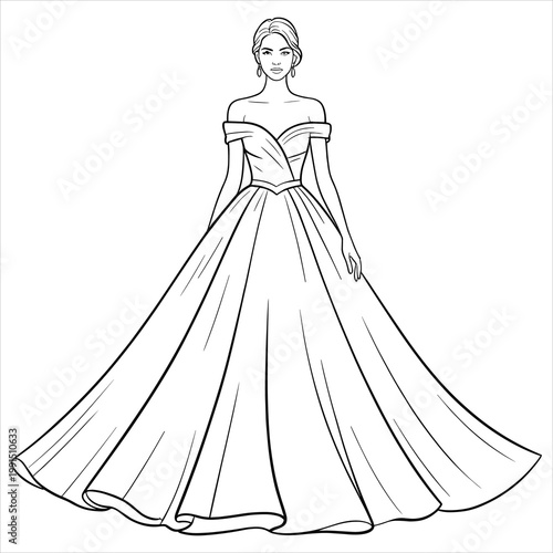 Line of a woman wearing an off-shoulder ball gown bride