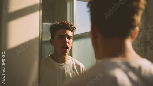 A teenage boy standing in front of a large bathroom mirror, practicing speech exercises out loud, mouth slightly open in mid-word, confident and determined expression