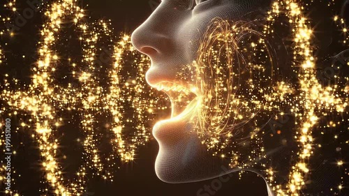 3D side-profile face with open mouth emitting golden sound waves, semi-transparent showing jaw and tongue.