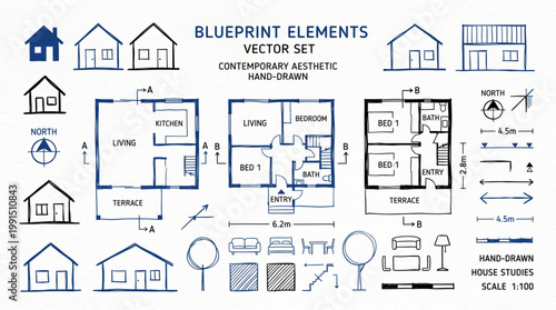 Hand drawn abstract minimal element house blueprint vector set. Aesthetic contemporary blue and black set