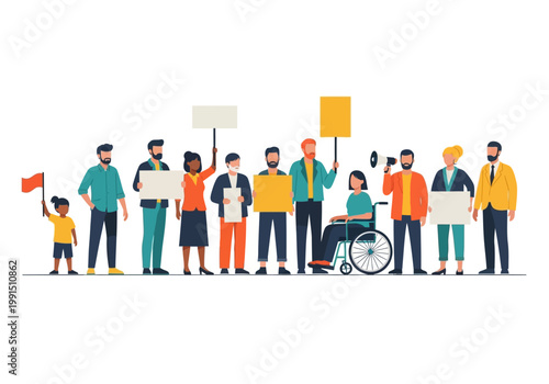 Diverse Group of People Holding Blank Signs and Megaphone for Protest or Social Activism, Flat Vector Illustration Concept