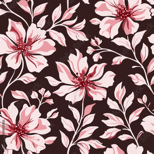 Stylized pink floral pattern with large blossoms, red centers, and soft leaves on a deep brown background. Elegant decorative design ideal for textiles, wallpaper, and interior décor.
