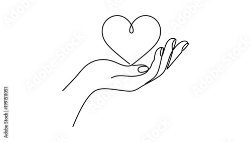 Continuous line drawing of a human hand holding a heart symbol. Continuous line style. Hand drawn. Line art. Vector design. illustration