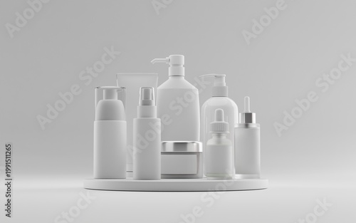 Minimalist White Cosmetic Bottles on Rotating Display Against Neutral Background for Skincare and Beauty Product Presentation
