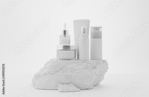 Minimalist Skincare Product Display on White Stone with Clean Background for Beauty and Wellness Concepts