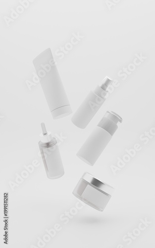 Minimalist Floating Cosmetic Bottles on White Background Showcasing Modern Skincare Packaging Design and Beauty Product Presentation

