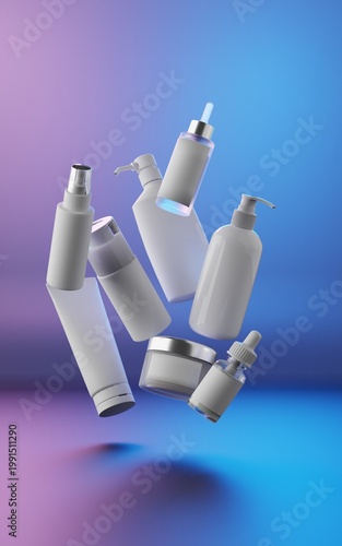 Floating Cosmetic Bottles on Gradient Background with Blue and Pink Lighting for Skincare and Beauty Product Advertisement