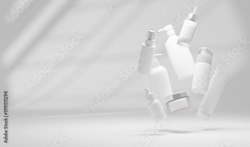Minimalist Floating Skincare Bottles on Soft White Background with Shadows and Light