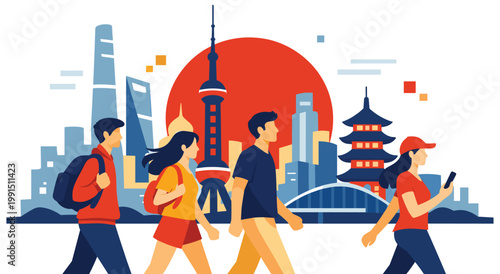 Pedestrians walking through urban landscape, shanghai skyline silhouettes, oriental pearl tower, red sun background, modern architecture and travel concept, colorful flat vector illustration.
