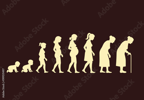 Stages of Life Cycle Evolution Silhouette of a Female Figure from Infancy through Childhood, Adulthood, Pregnancy and Old Age
