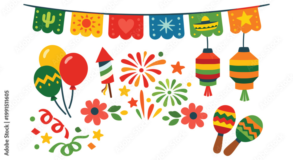 Obraz premium Collection of festive items for mexican holiday including maracas paper flags fireworks balloons and lanterns. Flat vector design set of cultural objects for party decorations and events.