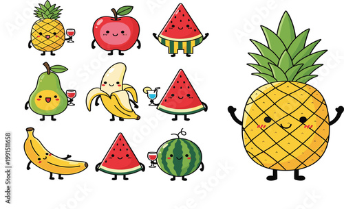 Kawaii Fruit Character Set Featuring Cute Smiling Pineapple, Watermelon, Apple, Banana, and Avocado Icons with Drinks for Summer Party and Kids Graphic Design