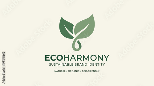 Eco Harmony Sustainable Brand Identity Logo with Green Leaves and Text