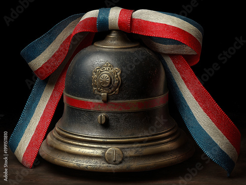 Old-style fire alarm bell decorated with red, white, and blue ribbon