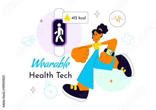 Wearable Health Tech Vector Illustration Smartwatch Fitness Tracker Monitoring Heart Rate Steps Calories and Digital Healthcare Innovation Design