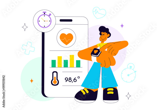 Wearable Health Tech Vector Illustration Smartwatch Fitness Tracker Monitoring Heart Rate Steps Calories and Digital Healthcare Innovation Design