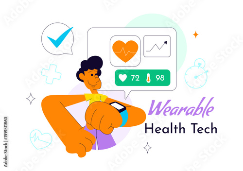 Wearable Health Tech Vector Illustration Smartwatch Fitness Tracker Monitoring Heart Rate Steps Calories and Digital Healthcare Innovation Design