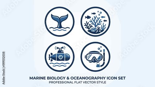 Marine biology and oceanography icon set.