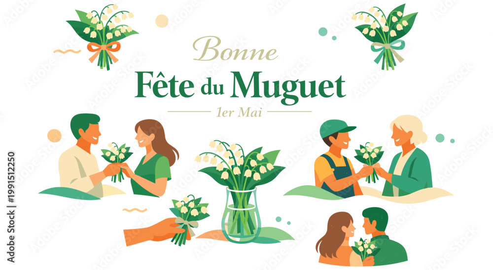 Fototapeta premium French tradition of gifting lily of valley flowers on first of may. People sharing muguet bouquets for good luck. Happy spring holiday scene with floral arrangements and blooming white bells.