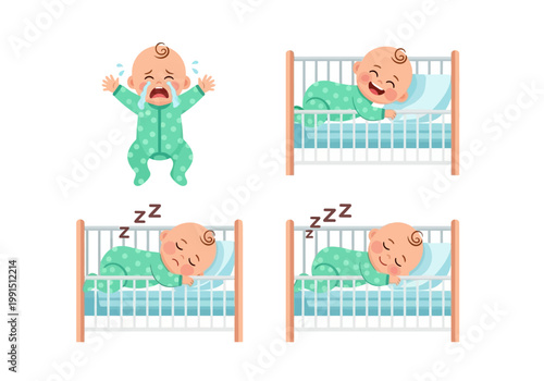 Cute Baby Sleep Routine Vector Illustration Set Featuring Crying, Happy, and Sleeping Infant in a Crib