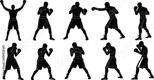 Set of black silhouettes featuring a professional boxer in various fighting stances, practicing punches, and poses, isolated on a white background for sports design projects