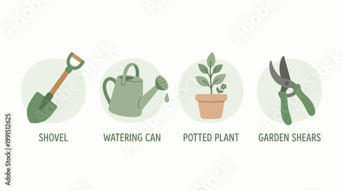 Gardening tools and potted plant icons.
