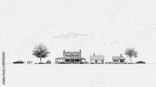Detailed pen and ink style illustration depicts a row of distinct residential buildings along a roadside